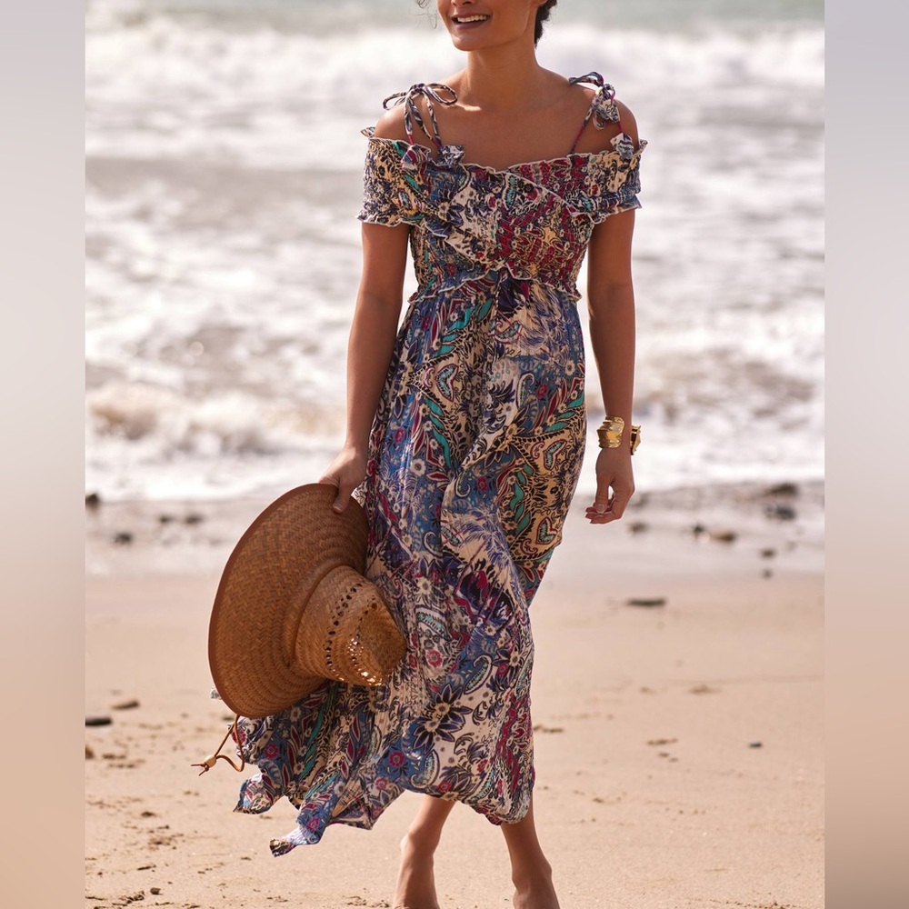 Anthropologie boho off shoulder maxi dress floral paisley summer festival